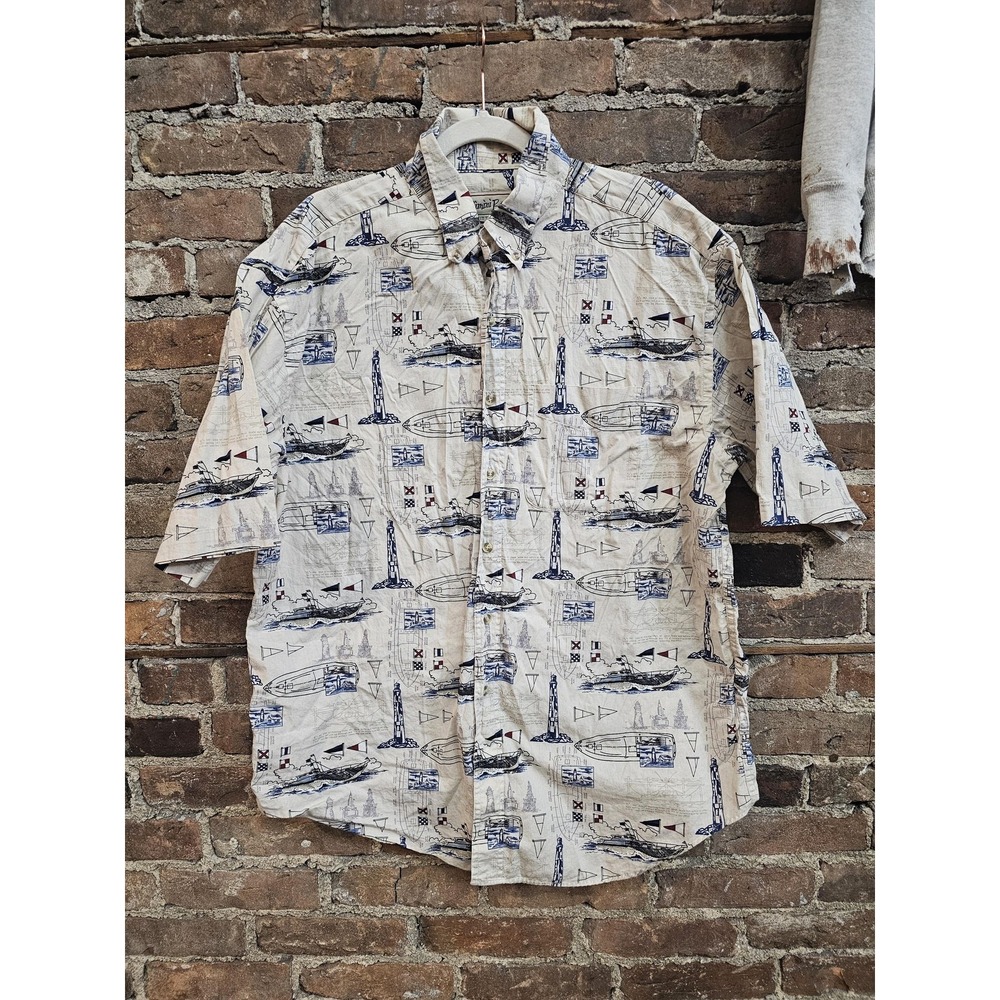 Bimini‎ Bay Outfitters Shirt Mens XL Beige Nautical Boats Print Short Sleeve